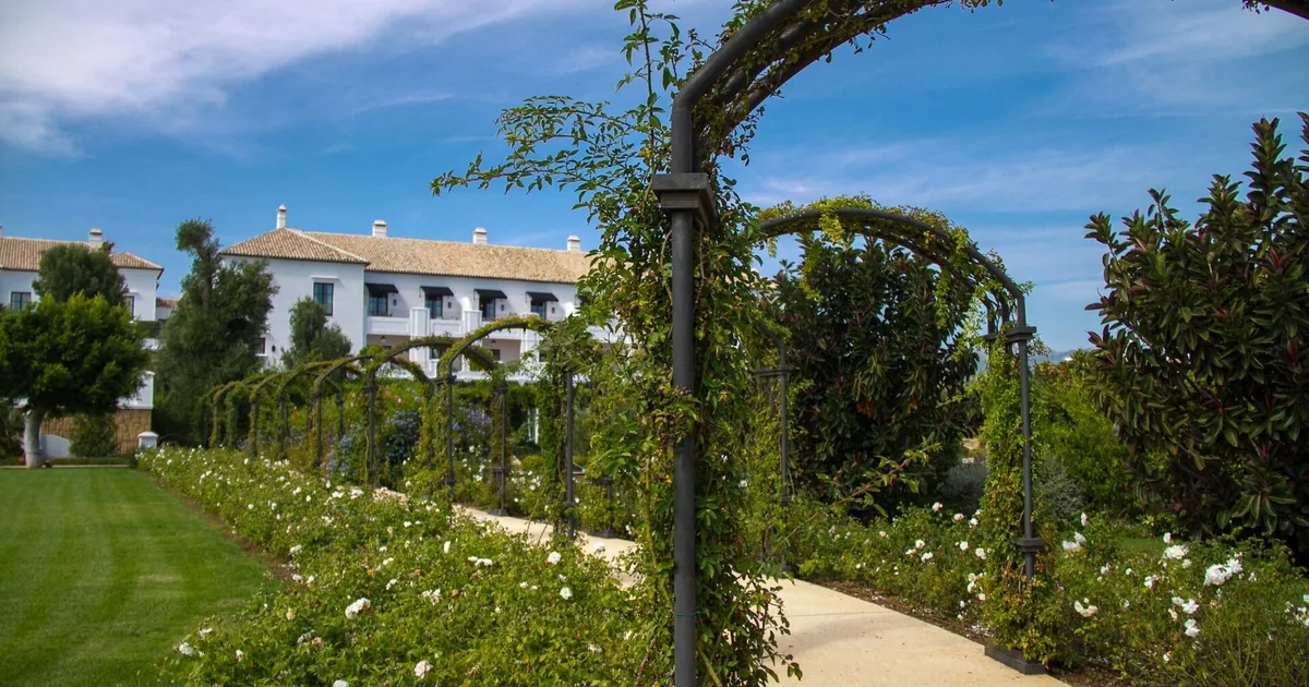 Finca Cortesín's white hacienda-style main building seen from its rose garden pergola in Casares