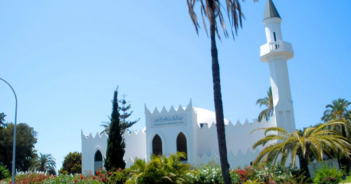 White King Abdul Aziz mosque and minaret among palms on Marbella's Golden Mile