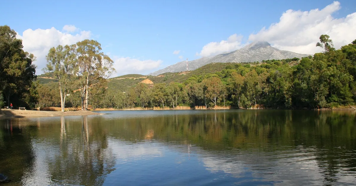 Lago de las Tortugas lake in Nueva Andalucía's Golf Valley, Marbella, with trees and La Concha mountain behind