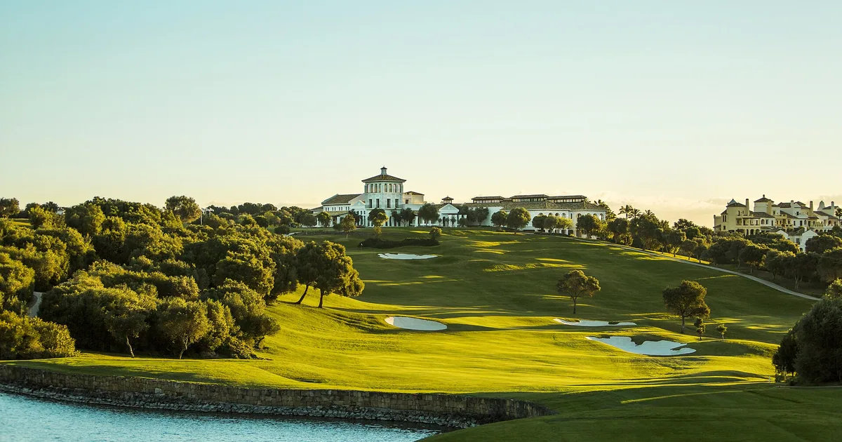 Golf fairway and clubhouse at La Reserva, Sotogrande, in evening light